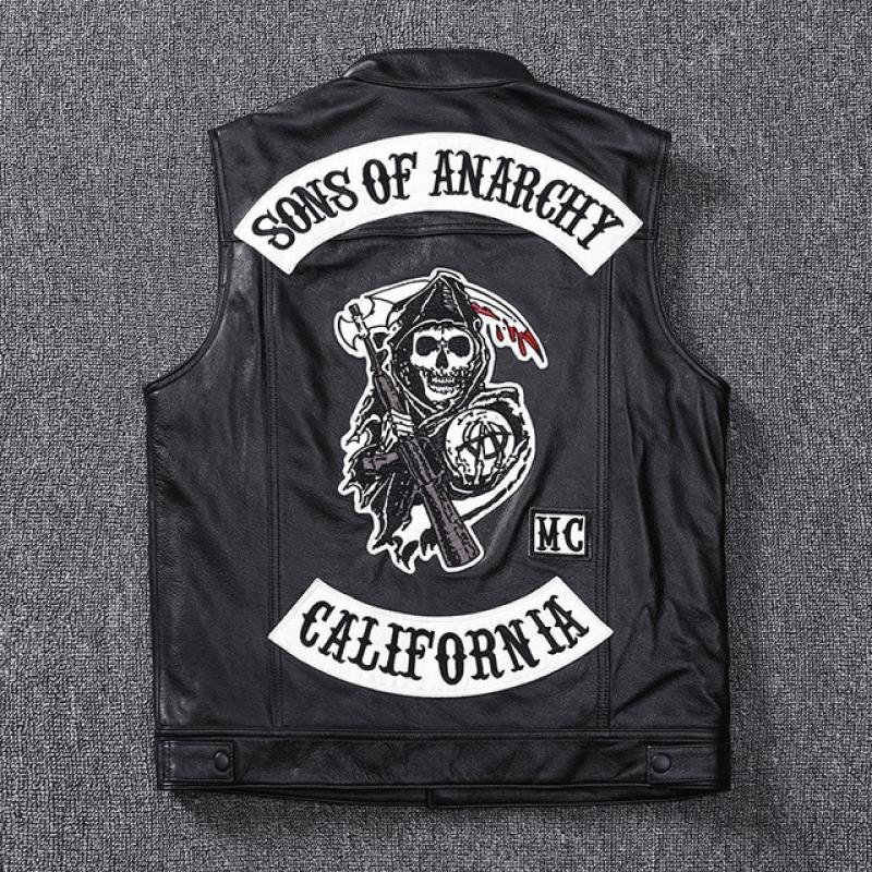 Fashion 100% Cowskin Sons Of Anarchy Leather Rock Punk Vest Cosplay Costume Black Color Motorcycle Biker Sleeveless Jacket