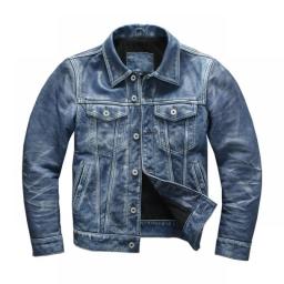 Vintage Blue Men's Spring Jacket Casual Style Plus Size 4XL Natural Cowhide Autumn Slim Fit Short Genuine Leather Coats