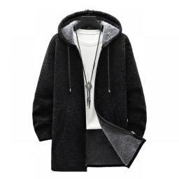 Autumn Winter Men Hooded Sweater Thicken Long Sleeve Drawstring Plush Lining Mid-Length Knitting Jacket Male Coat Streetwear