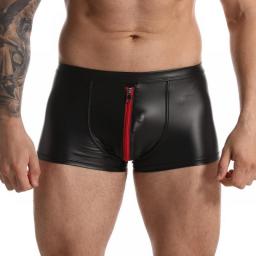 Men Boxers Briefs Sexy Bulge Underwear Men Slip Faux Leather Open Front Shorts Gay Panties Red Zipper Low Waist Male Underpants
