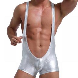 Men Faux-Leather Open-Chested Thong T-pants U Convex Pocket Design Elastic Jumpsuit Gay Porn Erotic Bodysuit Sexy Lingerie