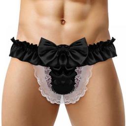 Men Sissy Bow-knot See-through Panties Satin Bikini G-String Thong Briefs Uniform Temptation Sexy Smooth Underwear Sleepwear