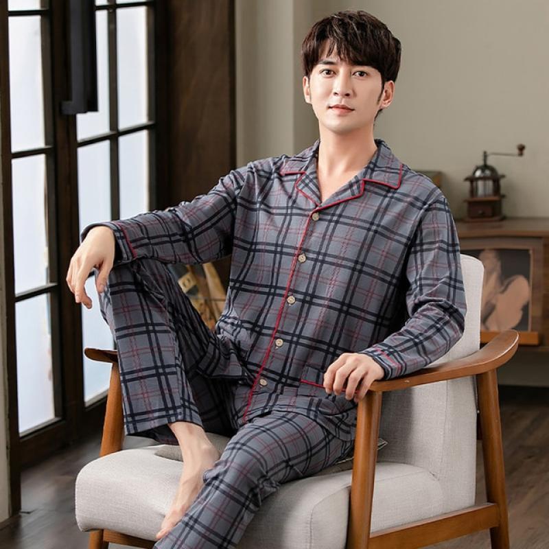 Spring Autumn 100% Cotton Pajamas for Men Casual Plaid Pajama Sets Plus Size Men 4XL Long Sleeve Sleepwear Comfortable Pijama