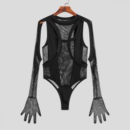 Fashion Casual Rompers INCERUN New Men See-through Mesh Knitted Hollow Design Homewear Male Long Sleeve Triangle Bodysuits S-5XL