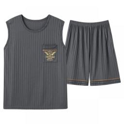 Summer New Knitted Cotton Sleeveless Men Pajamas Sets Vest Pajama For Men Sleepwear Suit Homewear Big Size L-5XL