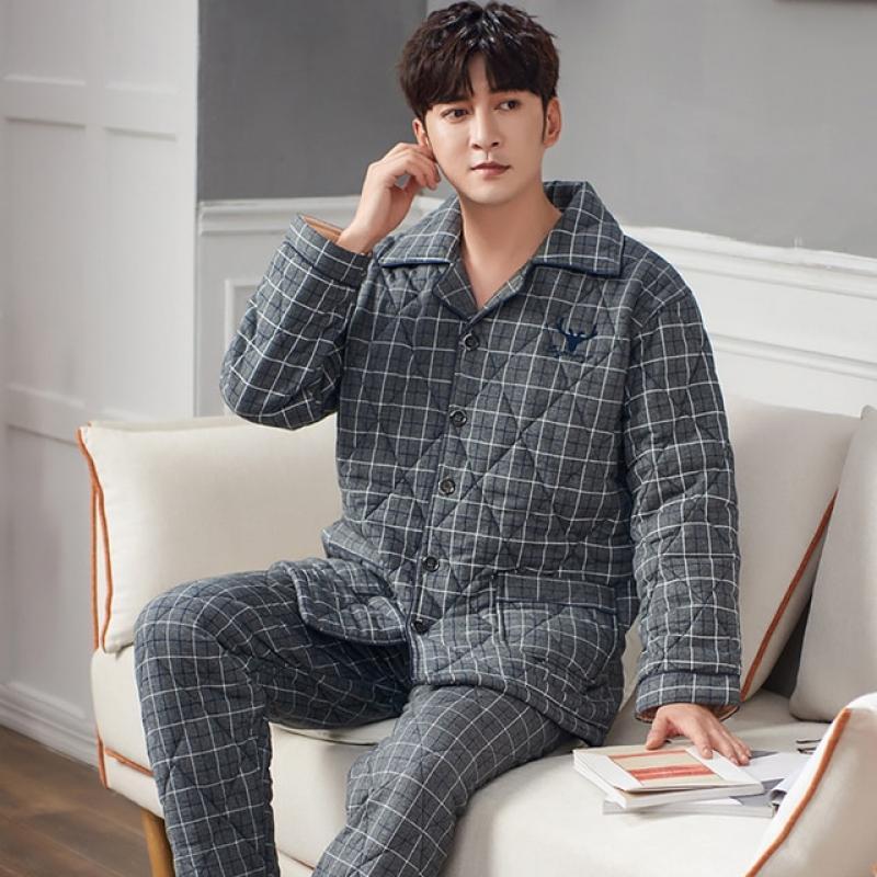 Casual Plaid Pajama Sets Men's Winter Pajamas Warm Thick 3-layer Cotton Sleepwear Large Size Pijama With Long Pants Home Wear