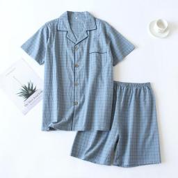 New2023 Men's Summer PajamasThin Short-sleeved Shorts Soft Cotton Simple Japanese Plaid Home Service Suit Pantalon Pijama Hombre