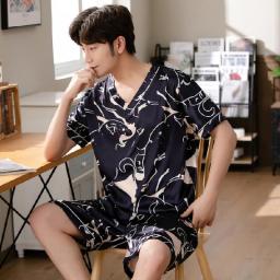 Silk Pajama Sets For Men 2022 Summer Short Sleeve V-neck Satin Korean Casual Sleepwear Suit Male Loose Cartoon 2pcs Home Clothes