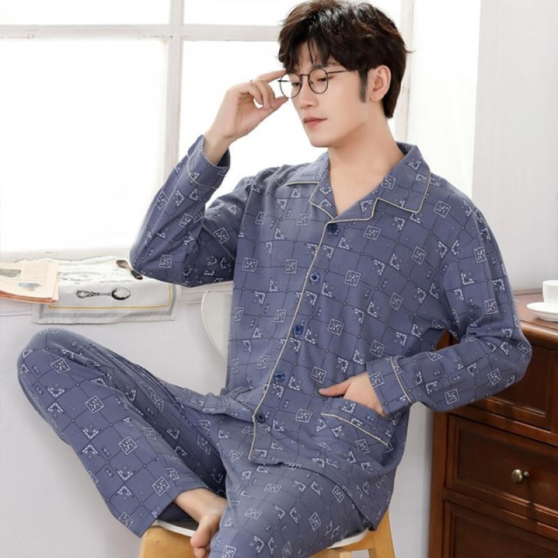 Winter 100% Cotton Pajamas For Men 2PCS Lounge Sleepwear Men Blue Plaid Pijama Hombre 2020 Home Clothes Pure Cotton Pyjamas Set