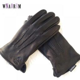 New Men's 100Percent Sheepskin Gloves, Deer Skin Pattern Design, Warm And Soft Men's Leather Gloves, Men's Mittens With Plush Lining