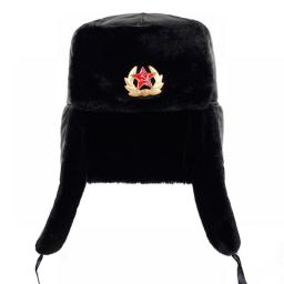 Soviet Army Military Badge Russia  Bomber Hats Pilot Trapper Trooper Hat Winter Faux Rabbit Fur Earflap Men Snow Caps
