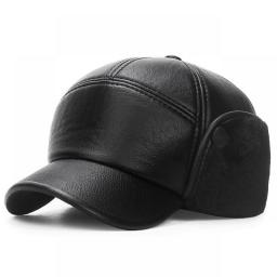 New Winter Bomber Hat Men Women Russian Black Leather Ushanka Cap With Ear Flaps Fur Warm Leather Brand Baseball Cap