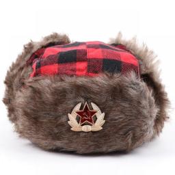 CAMOLAND Thermal Faux Fur Bomber Hats For Women Men Fashion Plaid Russia Ushanka Hat Soviet Badge Trapper Earflap Snow Caps