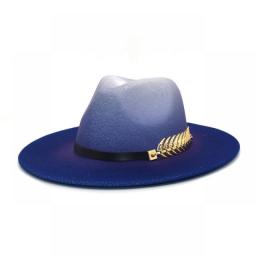 NEW Gradient Wide Brim Wool Felt Jazz Fedora Hats Leaf BuckleBritish Style Trilby Party Formal Panama Cap Dress Hat Winter