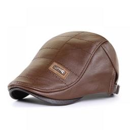 Retro PU Leather Beret Hats For Men Autumn Winter Faux Leather Beret Hat Middle-aged Men's Visor Warm Flat Peaked Cap Adjustable