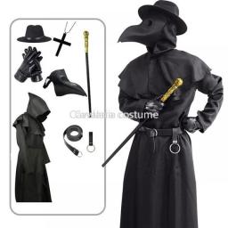 Plague Doctor Cosplay Costume Adult Medieval Hooded Robe Steampunk Bird Beak Mask Halloween Carnival Party Outfits