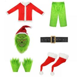 Christmas Green Fur Monster Santa Claus Cosplay Costume Santa Suit  Anime Clothes New Year Funny Mask Gloves Party Halloween Set
