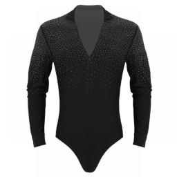 Men Glitter V-neck Latin Dance Gymnastics Leotard Bodysuit Shirt Top Man Ballroom Tango Rumba Dancewear Halloween Costume Outfit