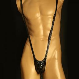 Men Imitation Leather PU Thong T Pants Mankini Sexy Male 2022 Elastic Briefs Suspender Bodysuit Wrestling Singlet Gay Underwear