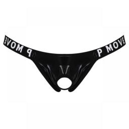 Mens Sexy Patent Leather Lingerie Hollow Out Bulge Pouch Latex Panties Jockstrap T-Back Letter Print Waistband Thongs Underwear