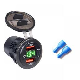 Car Charger QC3.0 Dual USB Cigarette Lighter Socket Waterproof Voltmeter Switch Fast Charging Adapter 12/24V For IPhone XIAOMI