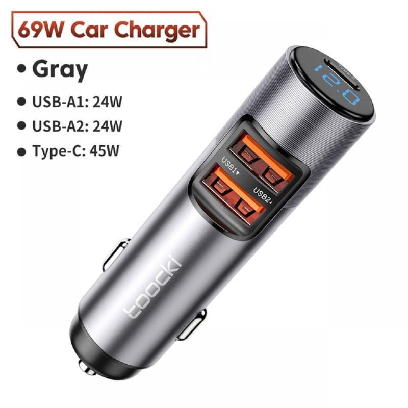 Toocki 69W Car Charger USB Type C Car Phone Charger With 3 Port PD Fast Charing for iPhone 14 13 Pro Max Samung Xiaomi Huawei