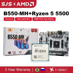 SJS New AMD B550M Motherboard + AMD New Ryzen 5 5500 R5 5500 3.6 GHz 6-Core 12-Thread CPU Micro-ATX B550 DDR4 64G Placa Mae