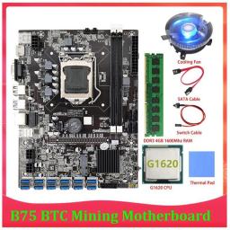 B75 BTC Mining Motherboard 12 PCIE To USB LGA1155 DDR3 4GB 1600Mhz RAM+G1620 CPU+SATA Cable B75 ETH Miner Mining