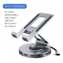 CABLETIME 8 In 1 Multi USB C Hub With 360 Rotating Stand HDMI 4K 60Hz PD 100W USB 5Gbps SD TF Aux 3.5mm For IPad Pro Tablet C441