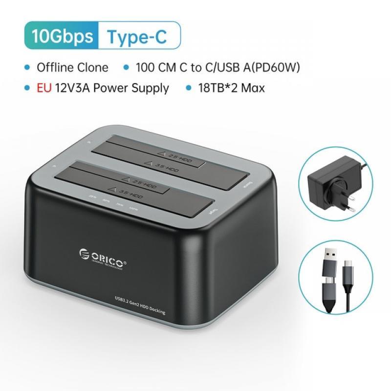ORICO HDD Enclosure 2.5/3.5 SATA to Type-C 10Gbps Hard Drive Docking  Station with Offline Clone 12V3A Power Adapter for HDD/SSD