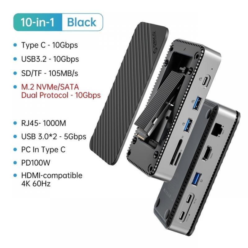 ORICO HDD Docking Station with M.2 SSD Enclosure USB C 10Gbps PD 100W RJ45 SD/TF 4K 10 in 1 Dock Station for Laptop Macbook Pro