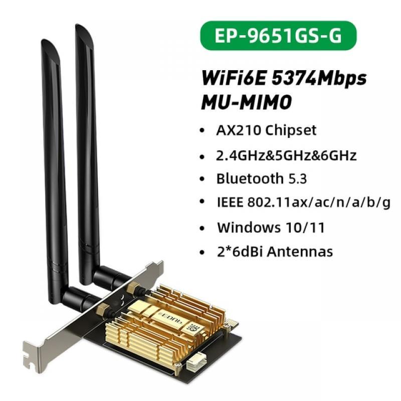 EDUP WiFi6E Intel AX210 PCIE WiFi Adapter 5374Mbps Bluetooth5.3 WiFi Network Card 2.4G/5G/6GHz PCI Express 802.11AX with MU-MIMO