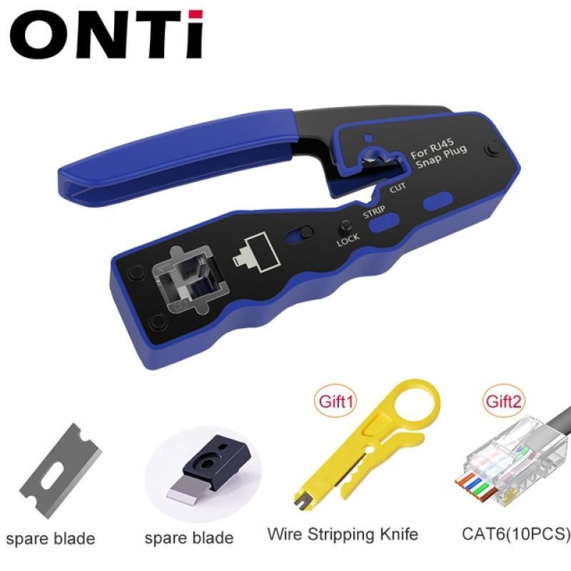 ONTi RJ45 Crimper Tool Pass Through Crimp for Crimping Cat8/7/6/5 Cat5e Connector with Replacement Blade Ethernet Cable Stripper