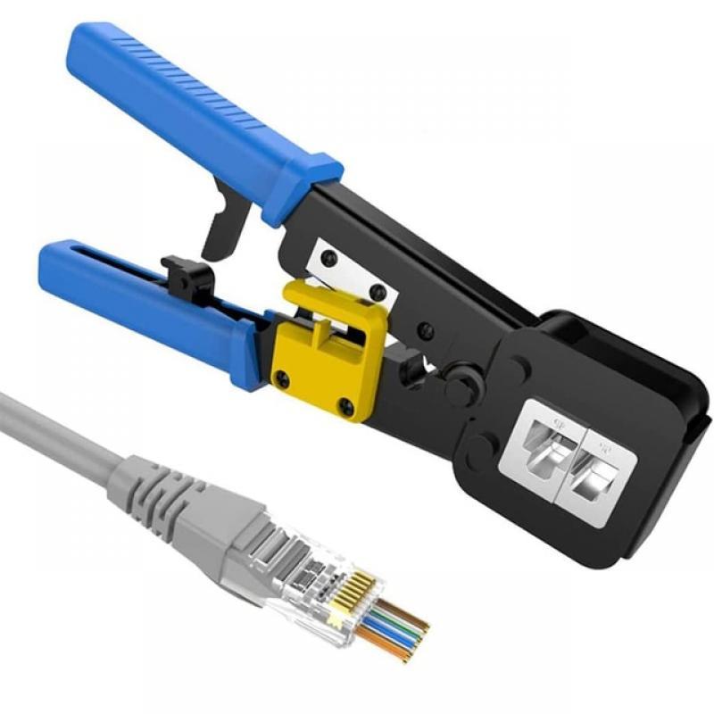 Hoolnx RJ45 Crimp Tool Pass Through Ethernet Crimper Cutter Stripper for Cat5e Cat6 RJ45/RJ12 Regular and End Pass Through Plugs