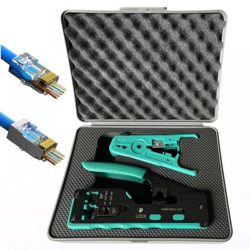 WoeoW RJ45 Crimp Tool Ethernet Crimping Tool Wire Cutter Crimper for Cat7 Cat6a Cat6 Cat5e Pass Through Connectors