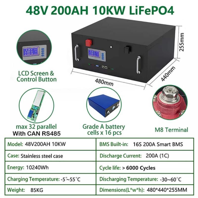 CERRNSS 48V 200Ah LiFePO4 Lithium Battery Built-in 200A BMS Grade A Cell Max 10240W With 6000+ Cycles for Solar Home RV Off-Grid