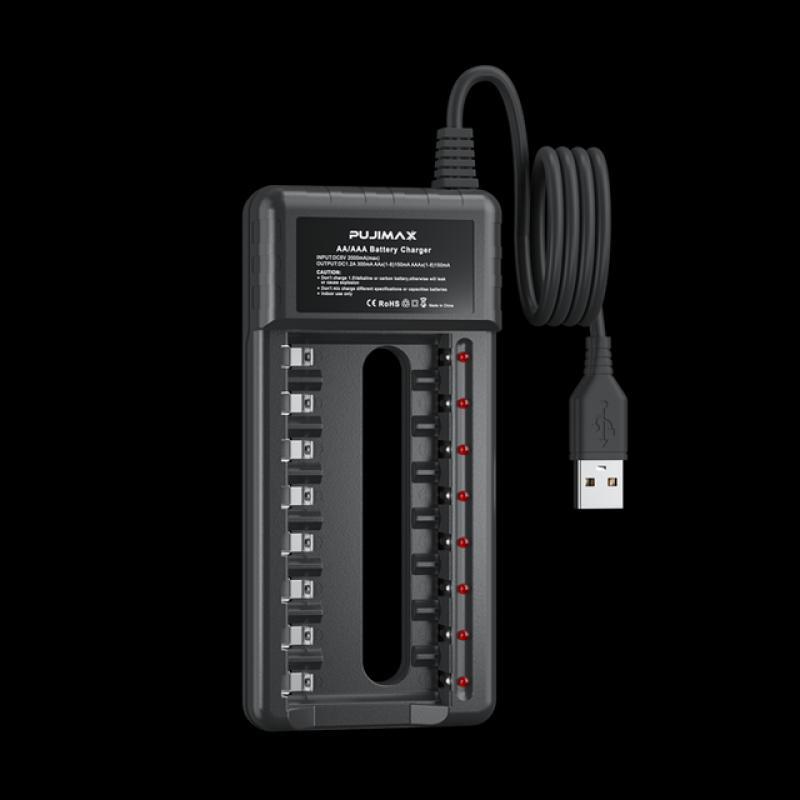 PUJIMAX 8 Slot USB Output Fast Charging Battery Charger Short Circuit Protection suitable For AA/AAA/Nimh Rechargeable Batteries