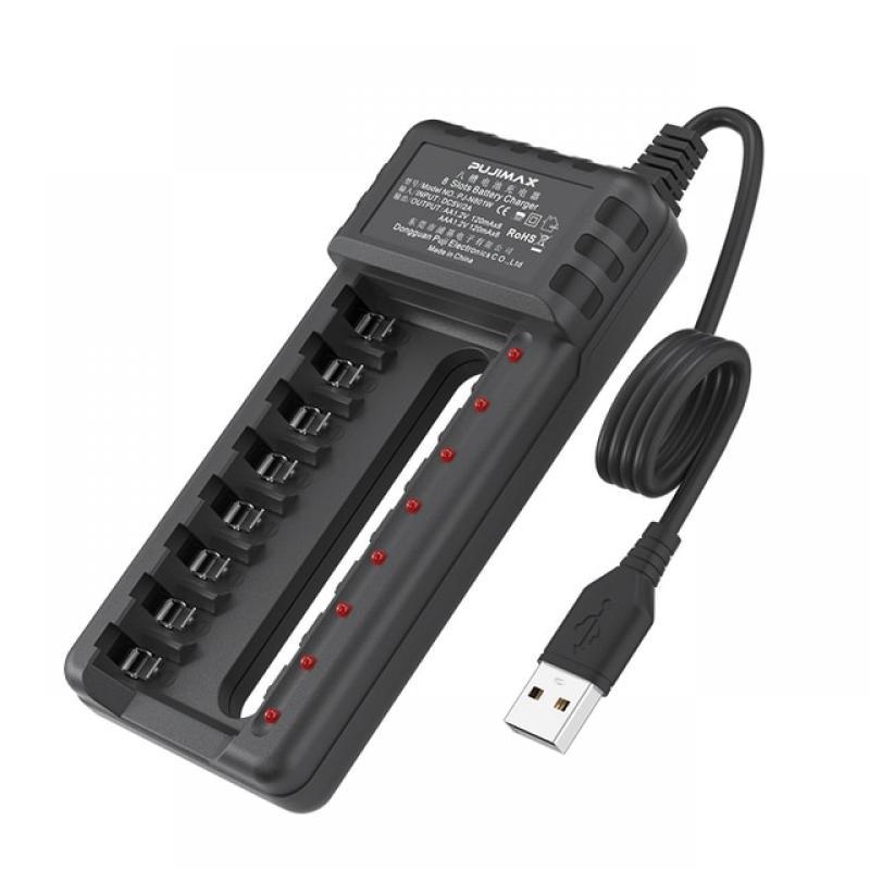 PUJIMAX Rechargeable Battery Charger USB Output 8 Slots Fast Charging Short Circuit Protection suitable for AAA/AA Battery Tools