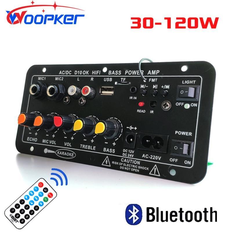 Woopker Bluetooth Audio Amplifier Board 120W Subwoofer Dual Microphone AMP Module for 4 ohms 8-12 inch Speaker 12/24V 110/220V