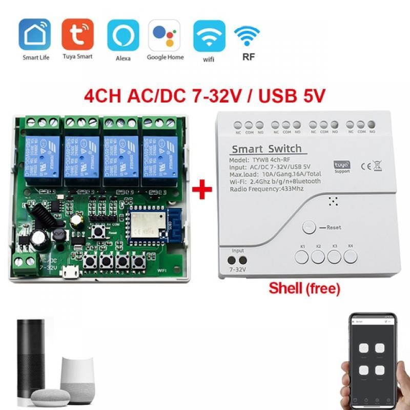 Tuya Smart Remote Control Wireless Wifi Switch Module 1/2/4CH DC 7-32V 5V 12V 24V 220V RF Receiver 10A wifi Relay For Alexa DIY