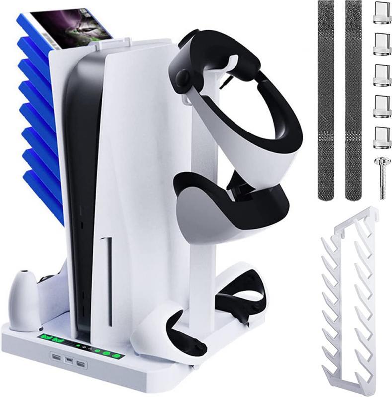 Charging Station Dock for Controllers of PSVR 2&PS5, Storage Stand PS5 Console with Dual Cooling Fan and Mount Holder PS VR2 VR