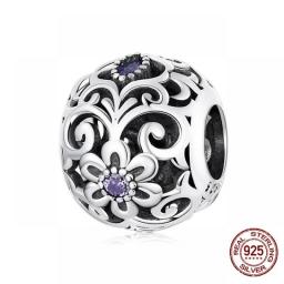 WOSTU Real 925 Sterling Silver Heart Beads Flower Retro Pattern Charms Pendant Fit Original DIY Bracelet Necklace Silver Jewelry