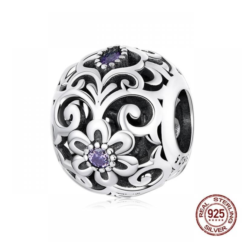 WOSTU Real 925 Sterling Silver Heart Beads Flower Retro Pattern Charms Pendant Fit Original DIY Bracelet Necklace Silver Jewelry