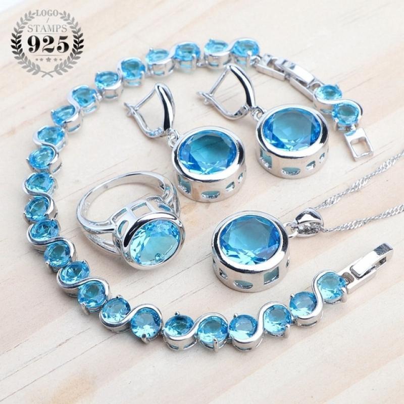 925 Sterling Silver Jewelry Sets Bridal Women Natural Magic Rainbow Zircon Earrings Ring Bracelets Pendant Wedding Necklace Set
