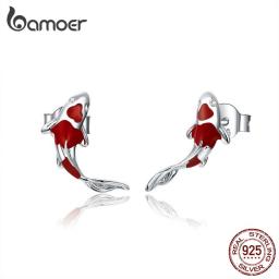 Bamoer Fish Red Enamel Stud Earrings For Women 925 Sterling Silver Spring Koi Ear Studs Festival Silver Fashion Jewelry SCE812