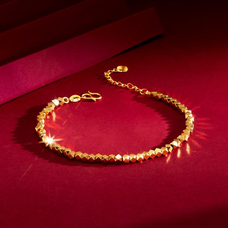 Real 18K Gold Chain Bracelet for Women Pure Adjustable Trendy Laser Beads Chain for Women Fine Jewelry Gift