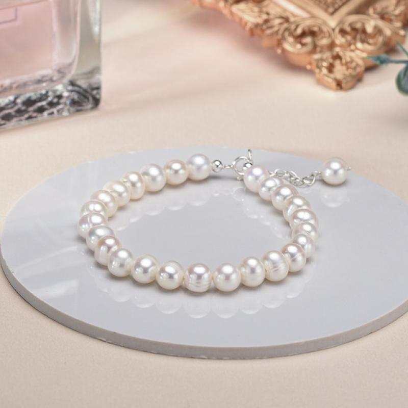 AA White 6-7mm Freshwater Cultured 6-8mm Pearl Bracelet Charms,925 Sterling Silver Pearl Bracelets for Women Girls Ladies