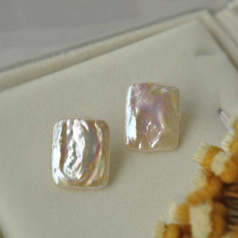 Simple Retro Style 925 Sterling Natural Freshwater Silver Square Baroque Pearl Earrings Fine Jewelry Gifts for Women 14-19mm