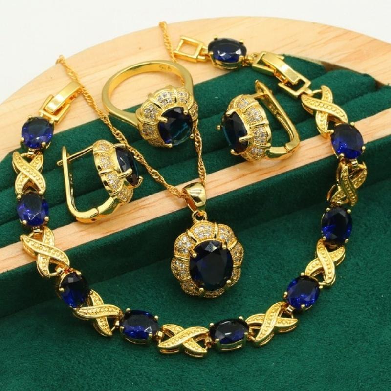 New Arrivals Gold Color Jewelry Sets For Women Wedding Green Zircon Bracelet Ear Clip Earrings Necklace Pendant Ring Gift 4PCS