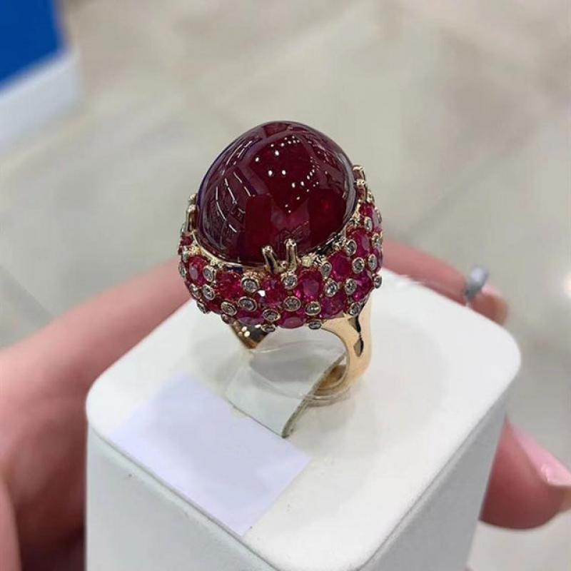 585 Purple Gold Plated 14K Rose Gold Inlaid Oval Ruby Rings for Women Adjustable Luxury Exaggerated Punk Wedding Jewelry
